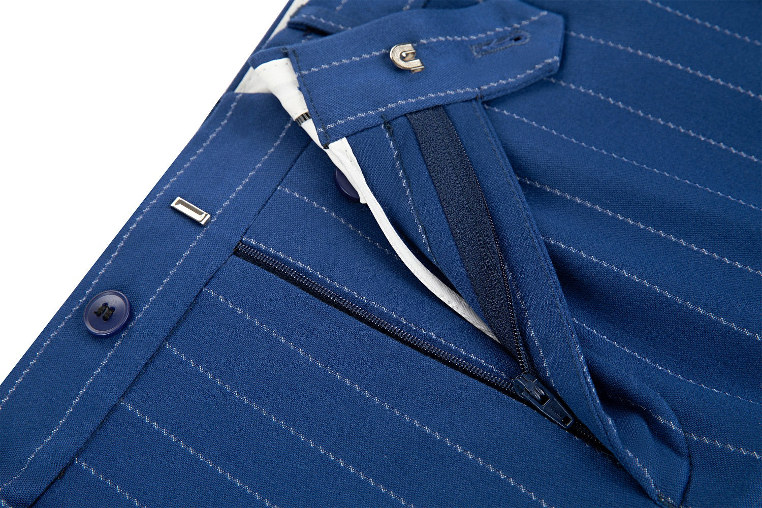 Royal blue chalk stripe fabric with dark buttons and classic stitching