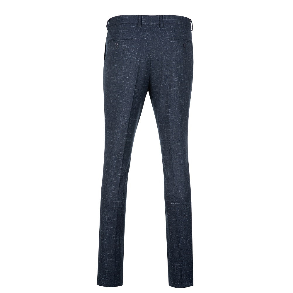 Back view of navy plaid trousers with buttoned pockets – tailored fit for men’s formal occasions