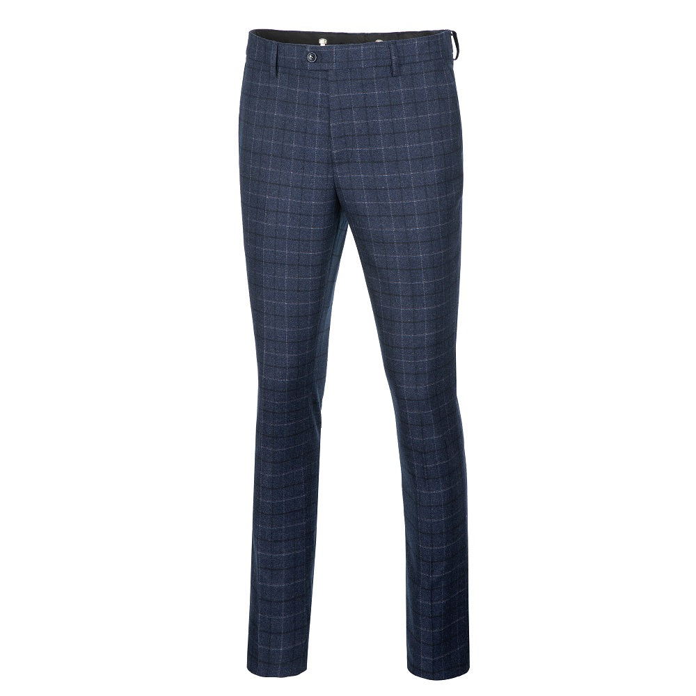 Navy blue large checked men's dress pants - slim fit for party, wedding & business with button closure