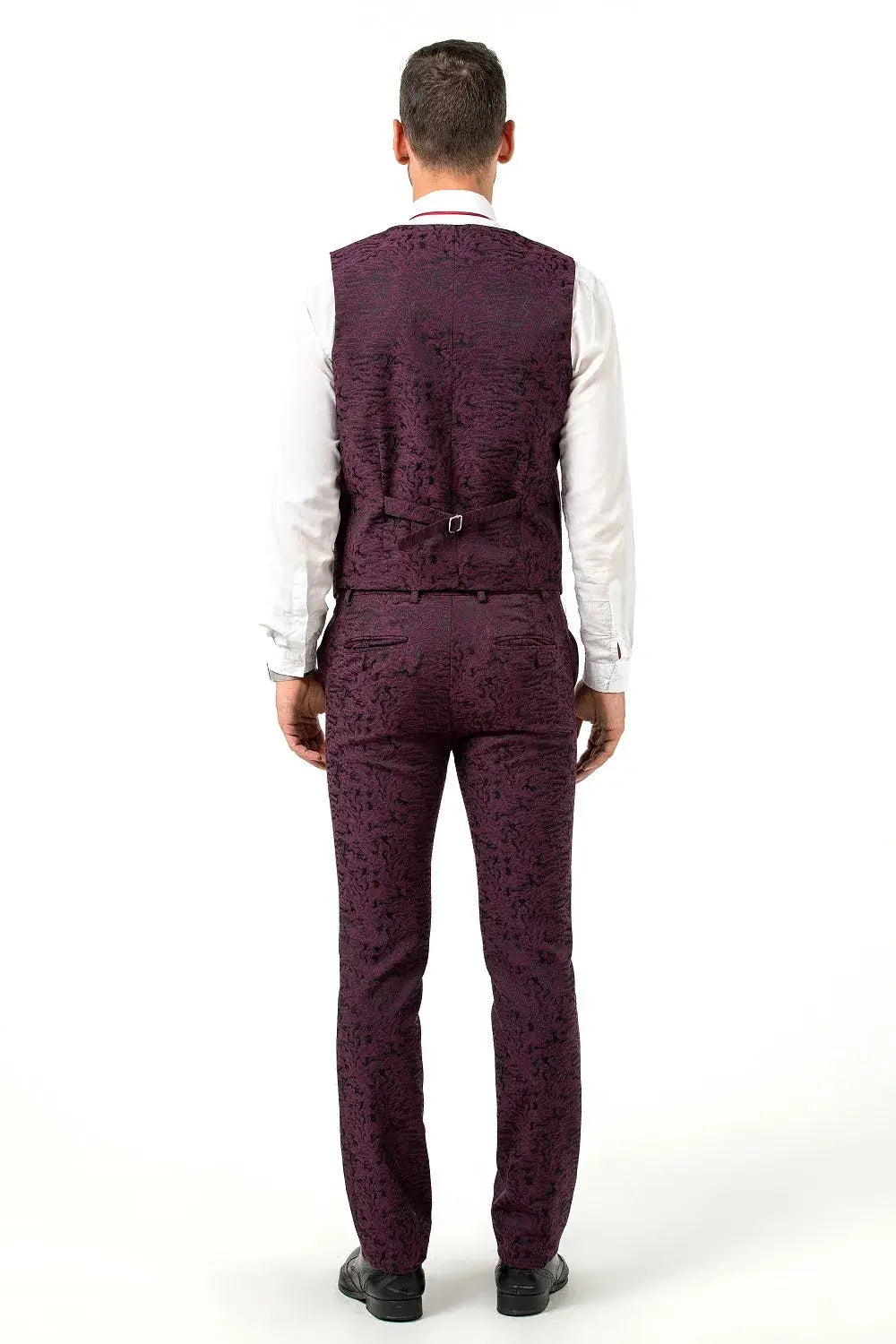 Back view of men’s purple patterned vest and pants – sleek formalwear without jacket