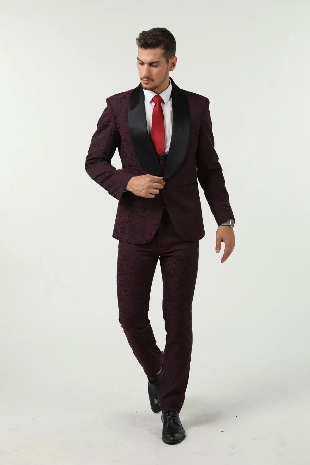 Men’s purple patterned 3 piece suit with black lapel – stylish party or prom outfit in motion