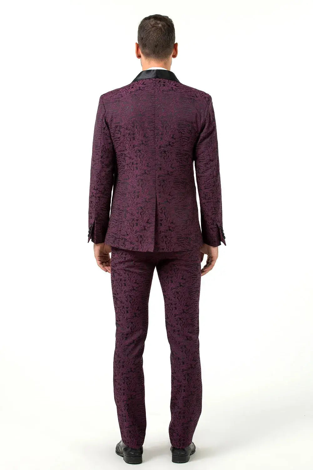 Back view of men's purple textured 3 piece suit – non-floral patterned formal look
