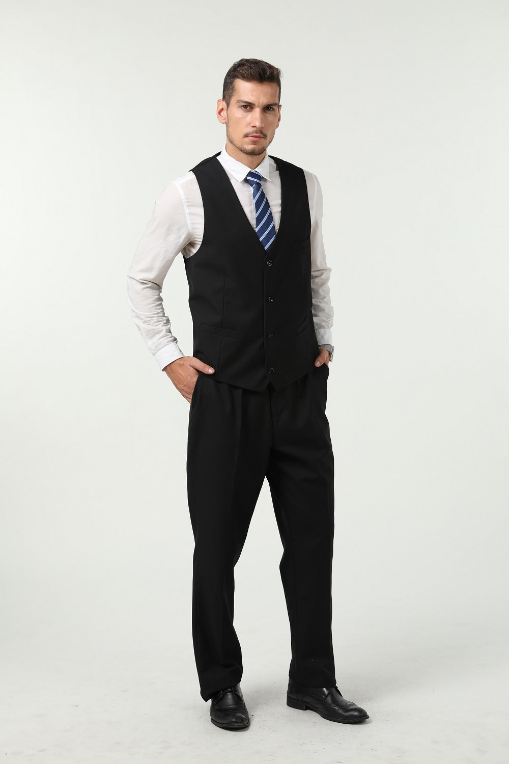 Black 2-piece vest and pants suit with white shirt – sleek formal look for men