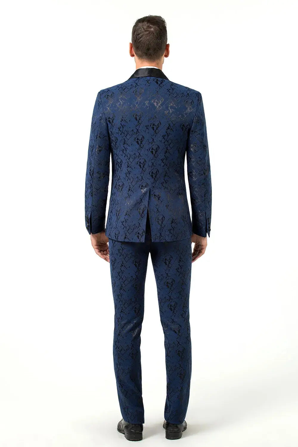 Back view of men’s navy patterned 3 piece suit – elegant prom and evening wear for men