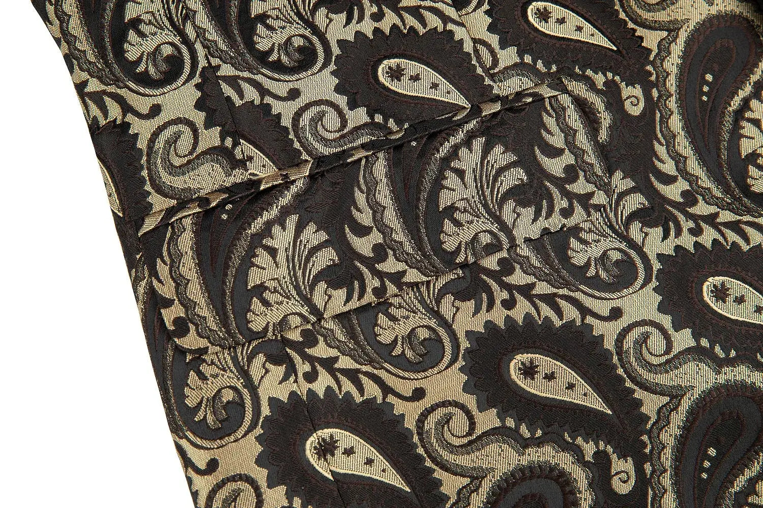 Close-up shot of a paisley-patterned fabric with rich gold and black tones, highlighting the intricate floral design on the blazer fabric.