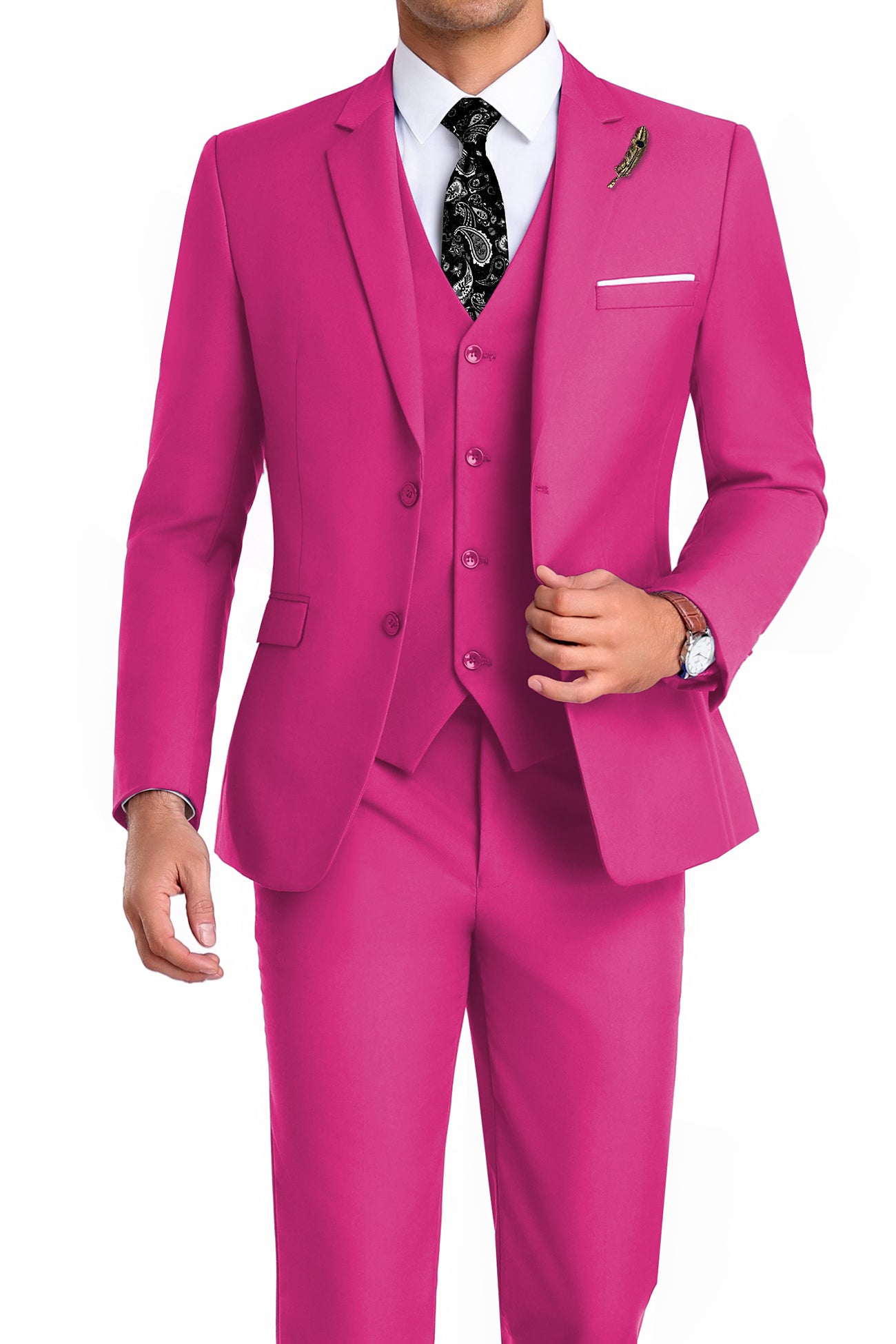Close-up of fuchsia slim fit suit jacket with pocket square and lapel pin detail