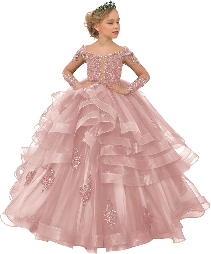 Long Sleeve Flower Girl Dresses Lace Applique Princess Ruffles Tulle Party Gown