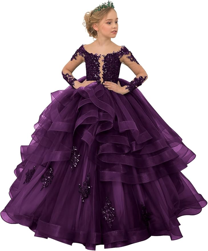 Long Sleeve Flower Girl Dresses Lace Applique Princess Ruffles Tulle Party Gown