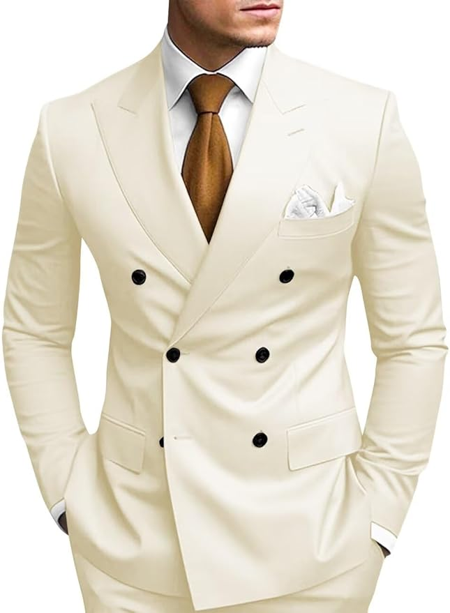 Stylish Beige peak lapel 2 piece suit for men – slim fit formal look with white shirt and tie