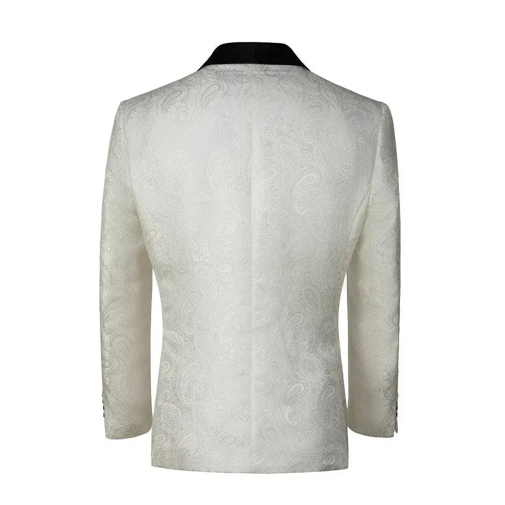 Back view of a white paisley patterned blazer with black satin peak lapels.