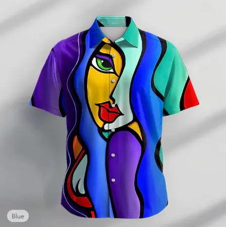 Colorful abstract face print short sleeve shirt – artistic partywear for men