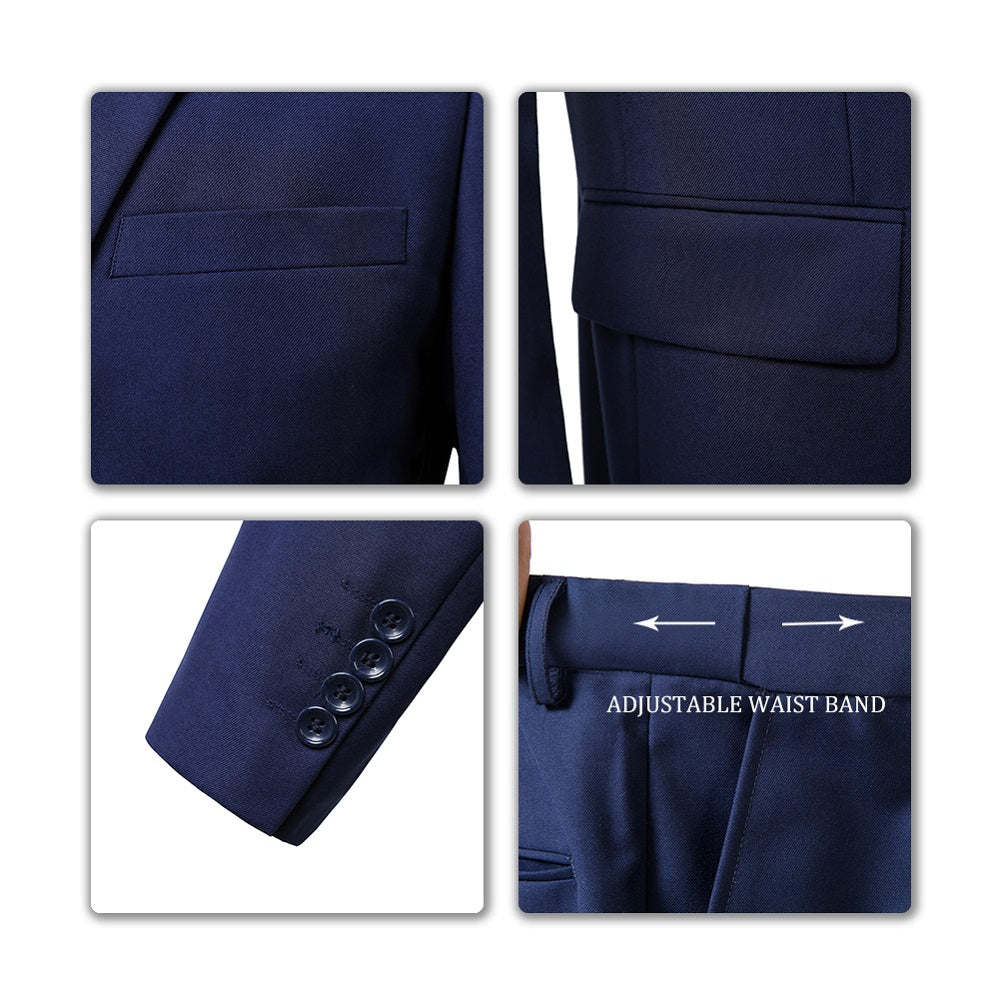 Close-up of navy suit fabric, buttons, pockets, and adjustable waistband