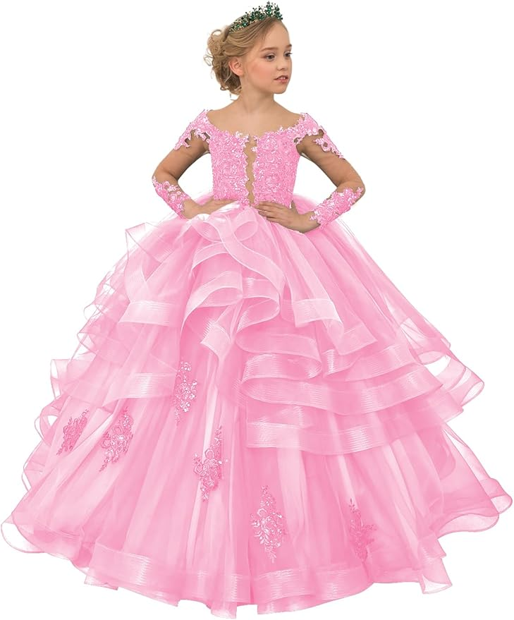 Long Sleeve Flower Girl Dresses Lace Applique Princess Ruffles Tulle Party Gown