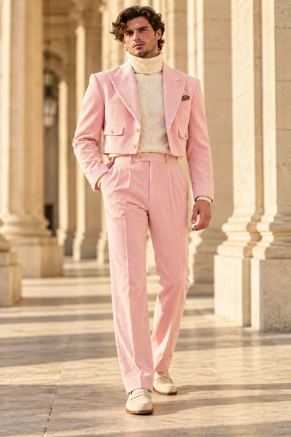 Men's Corduroy Cropped Blazer Wide Leg 2 Piece Suit