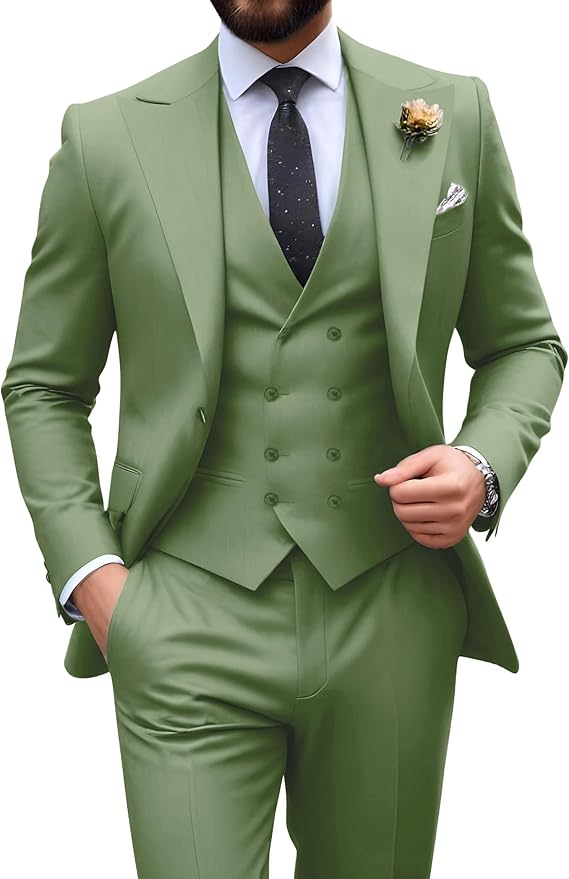 Men’s sage green tuxedo set with tailored fit blazer, formal vest, and dress pants – ideal for casual weddings or prom