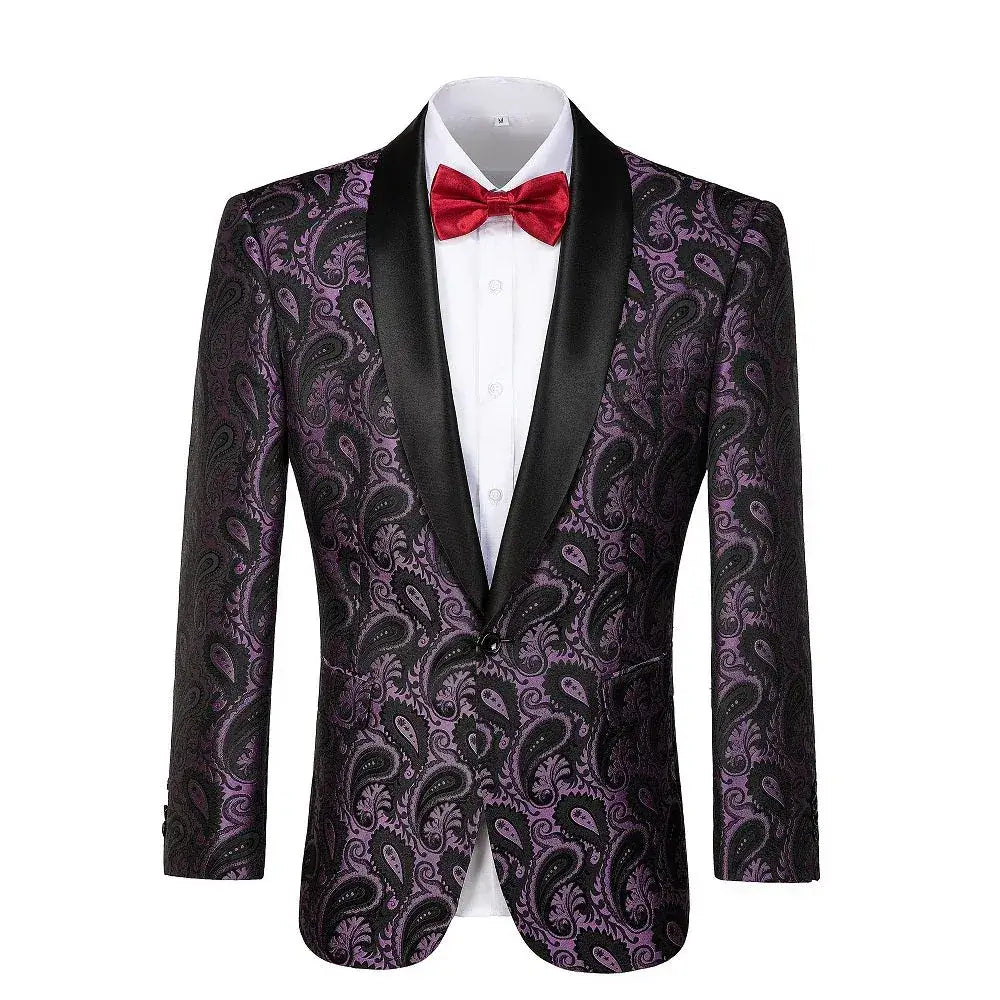 Close-up front view of a purple paisley patterned blazer with black satin peak lapels and a red bowtie.