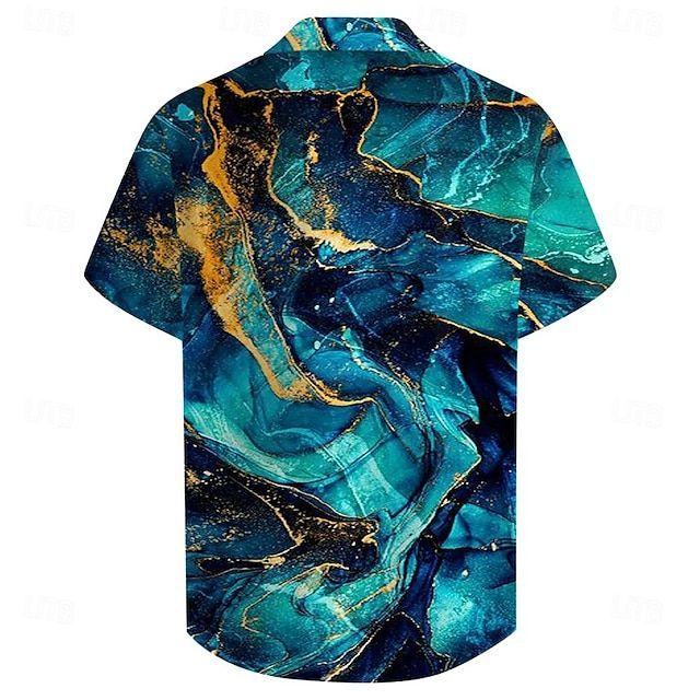 Back view of men’s blue marble pattern short sleeve shirt – summer vacation casual shirt