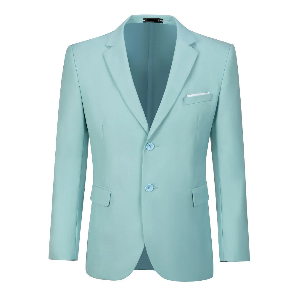 Men's mint green two button blazer - front closeup with matching light blue buttons & chest pocket formal jacket