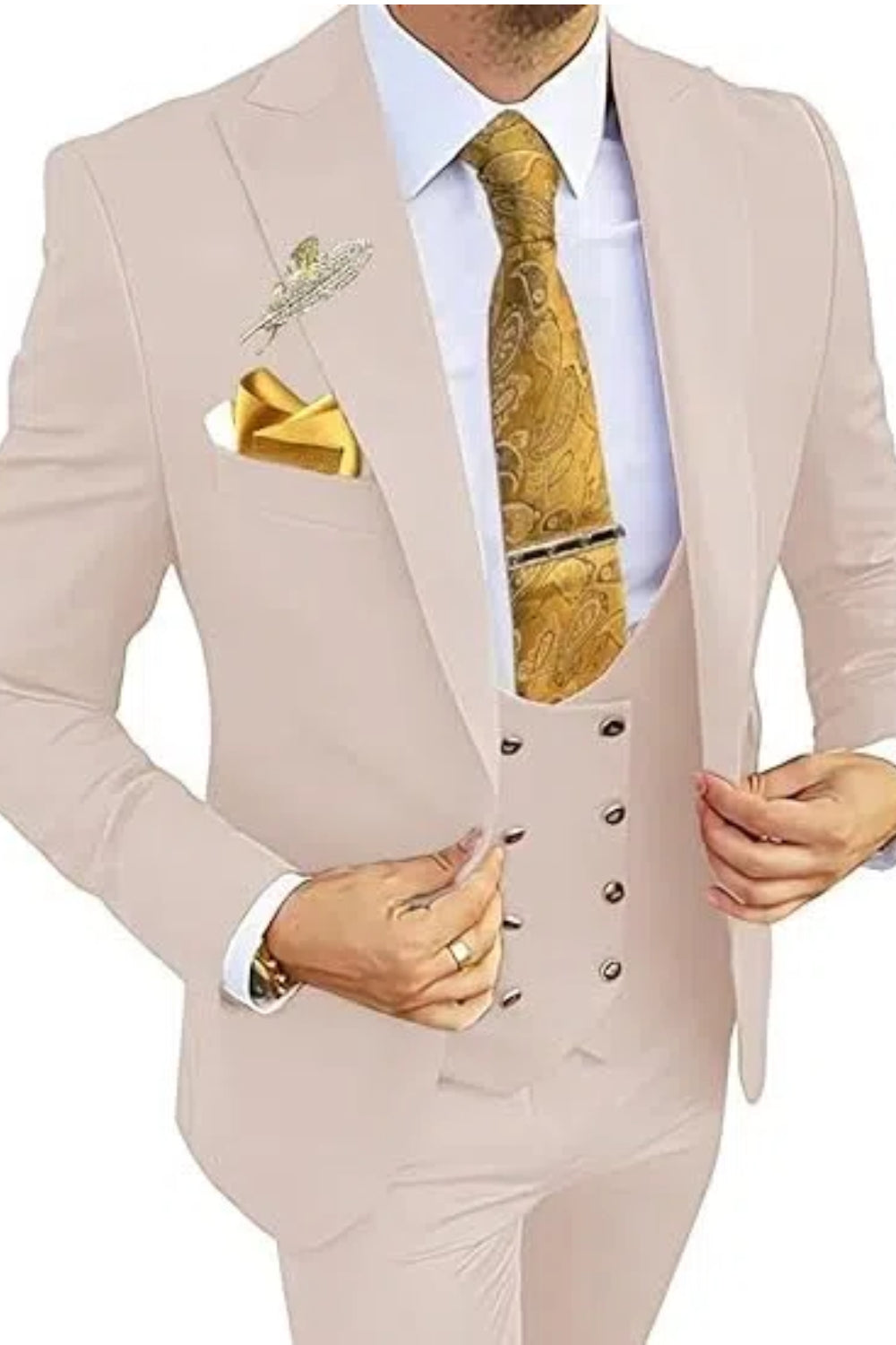 Beige double breasted tuxedo suit for men – 3 piece slim fit prom outfit