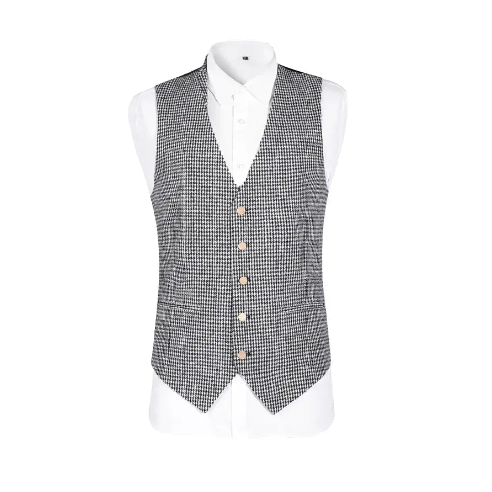 Close-up of peak lapel and chest pocket on houndstooth men's blazer