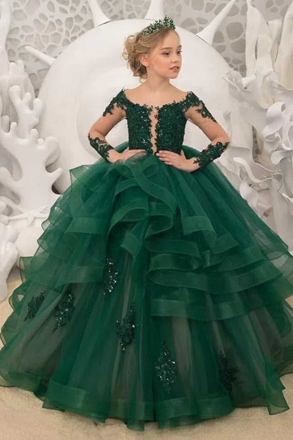 Long Sleeve Flower Girl Dresses Lace Applique Princess Ruffles Tulle Party Gown