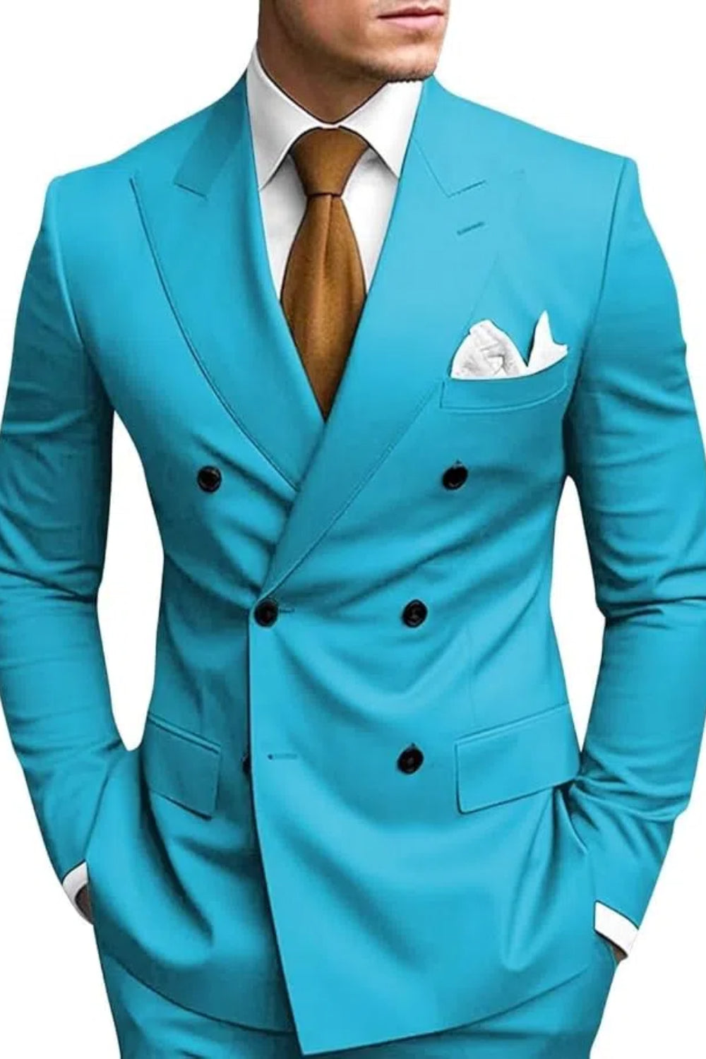 Aqua double breasted 2 piece slim fit men’s suit with peak lapel – wedding or business formalwear