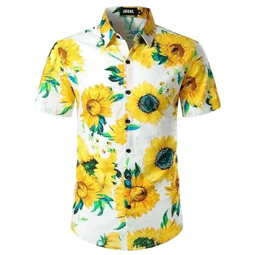 Yellow sunflower print short sleeve shirt for men – party-ready summer floral shirt with bright botanical pattern