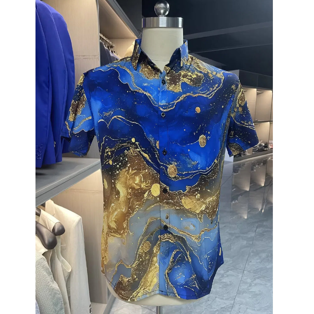 Stylish navy blue marble graphic shirt with gold accents, perfect for summer vacation