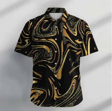 Gold swirl print short sleeve party shirt for men – summer casual button-up style