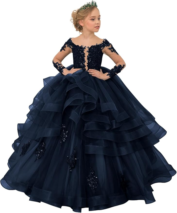 Long Sleeve Flower Girl Dresses Lace Applique Princess Ruffles Tulle Party Gown