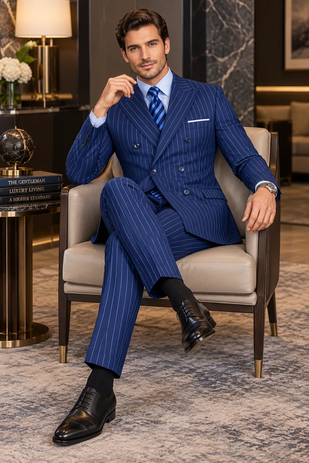 Men's Navy Pinstripe Double Breasted 2 Piece Suit