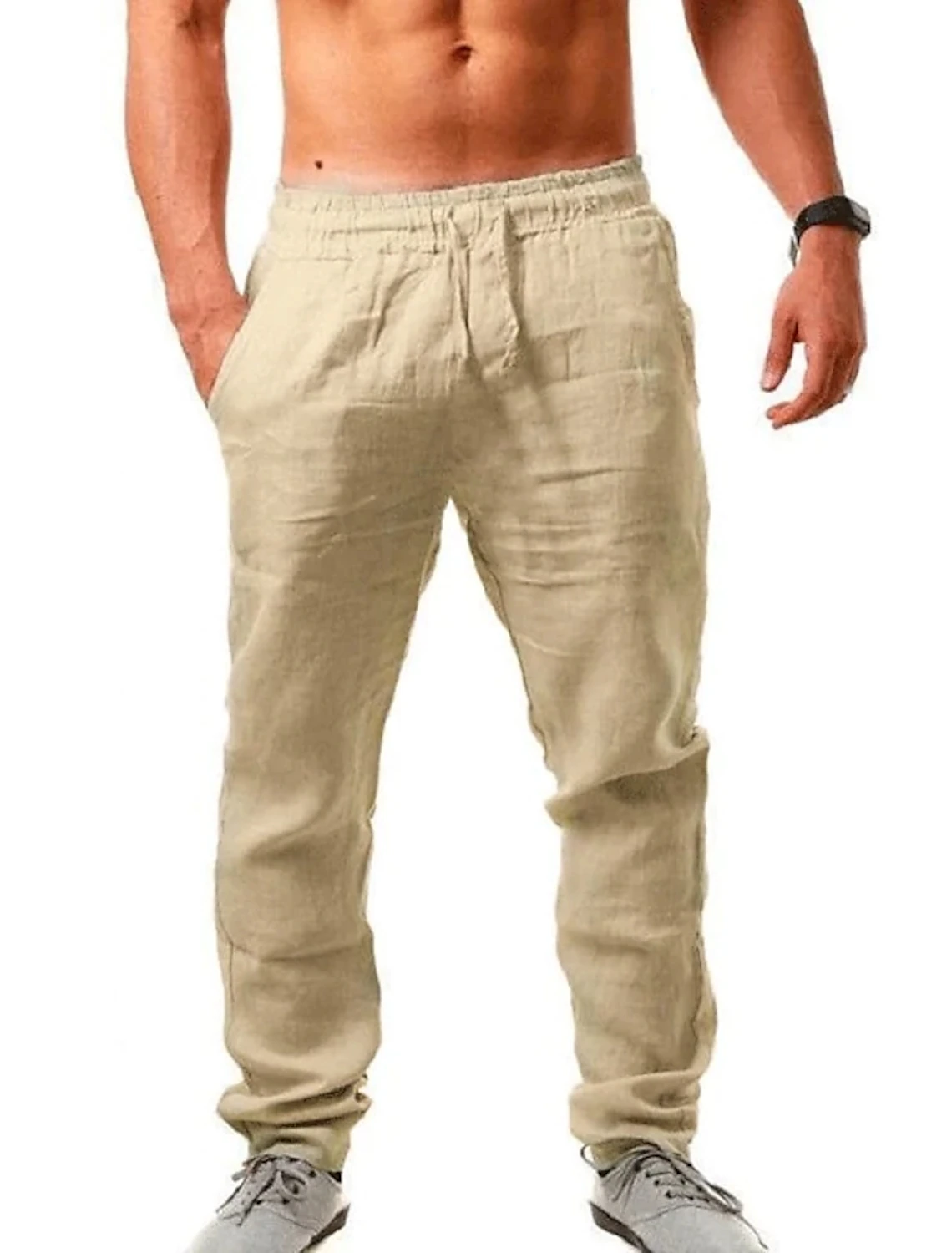 Men’s khaki elastic waist linen pants – easygoing bottom for warm-weather comfort