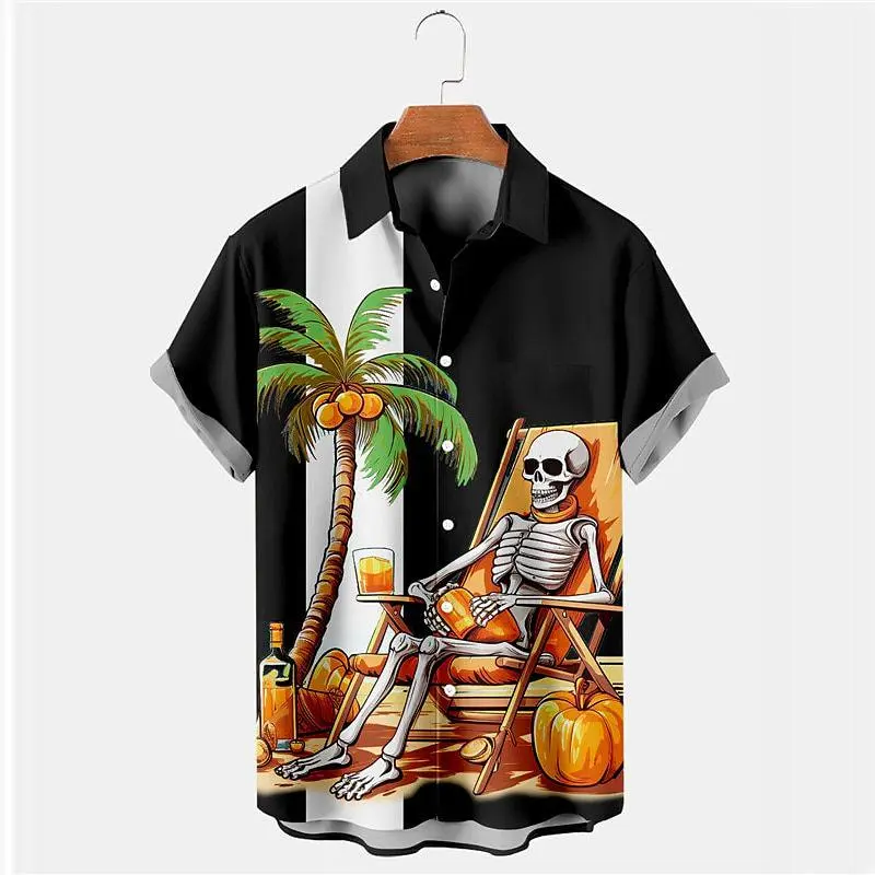 Graphic shirt with skeleton, pumpkins, and coconut tree – fun tropical skull print men’s tee