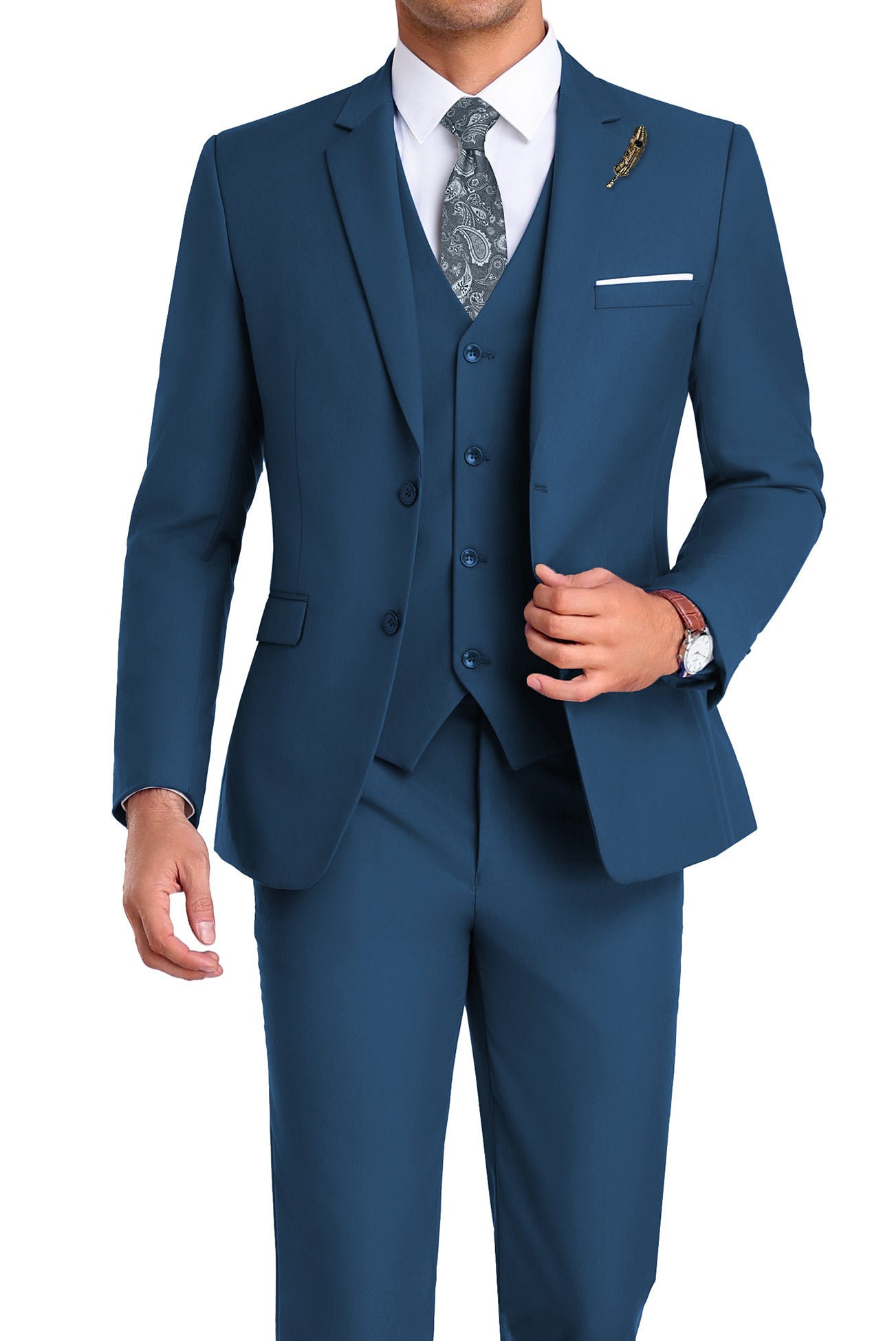 Model in lake blue 3-piece slim fit suit with tie and white shirt, posing front-facing with confident posture