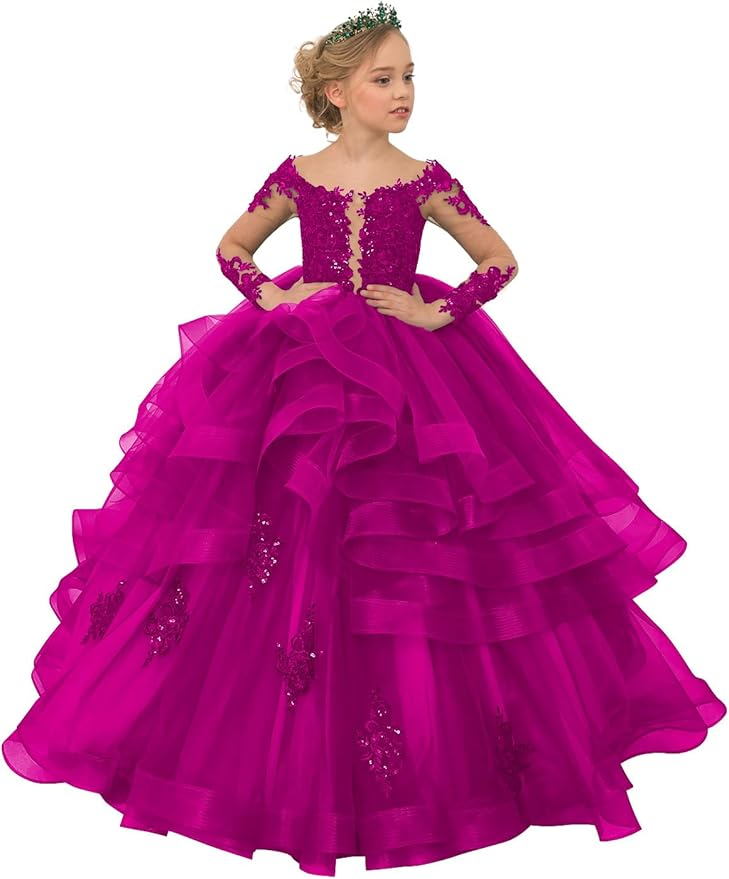 Long Sleeve Flower Girl Dresses Lace Applique Princess Ruffles Tulle Party Gown