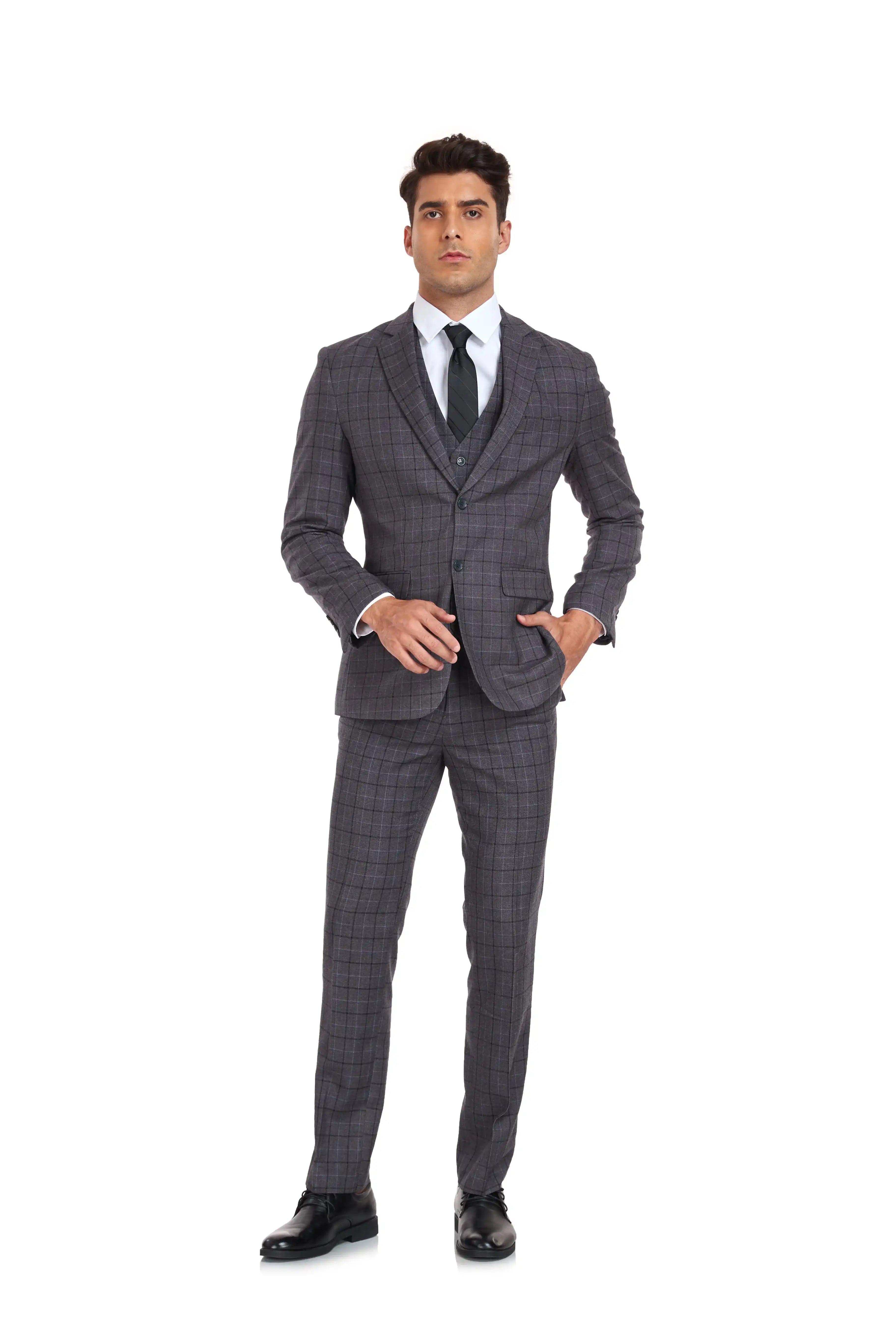 Grey plaid men's 3 piece suit – front view with tailored fit