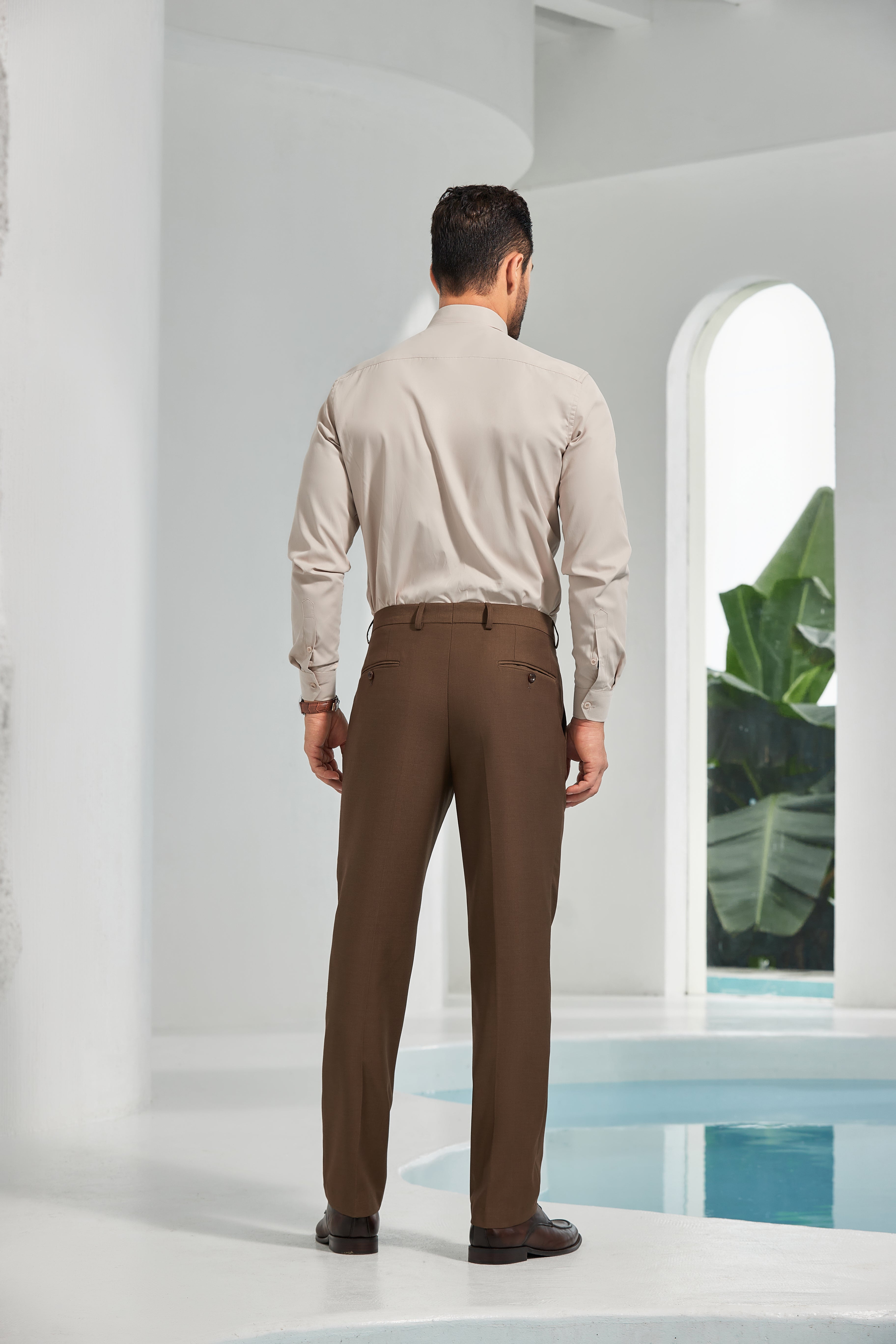 Full rear shot of coffee men's dress pants – business-ready tapered fit in smooth terylene rayon blend