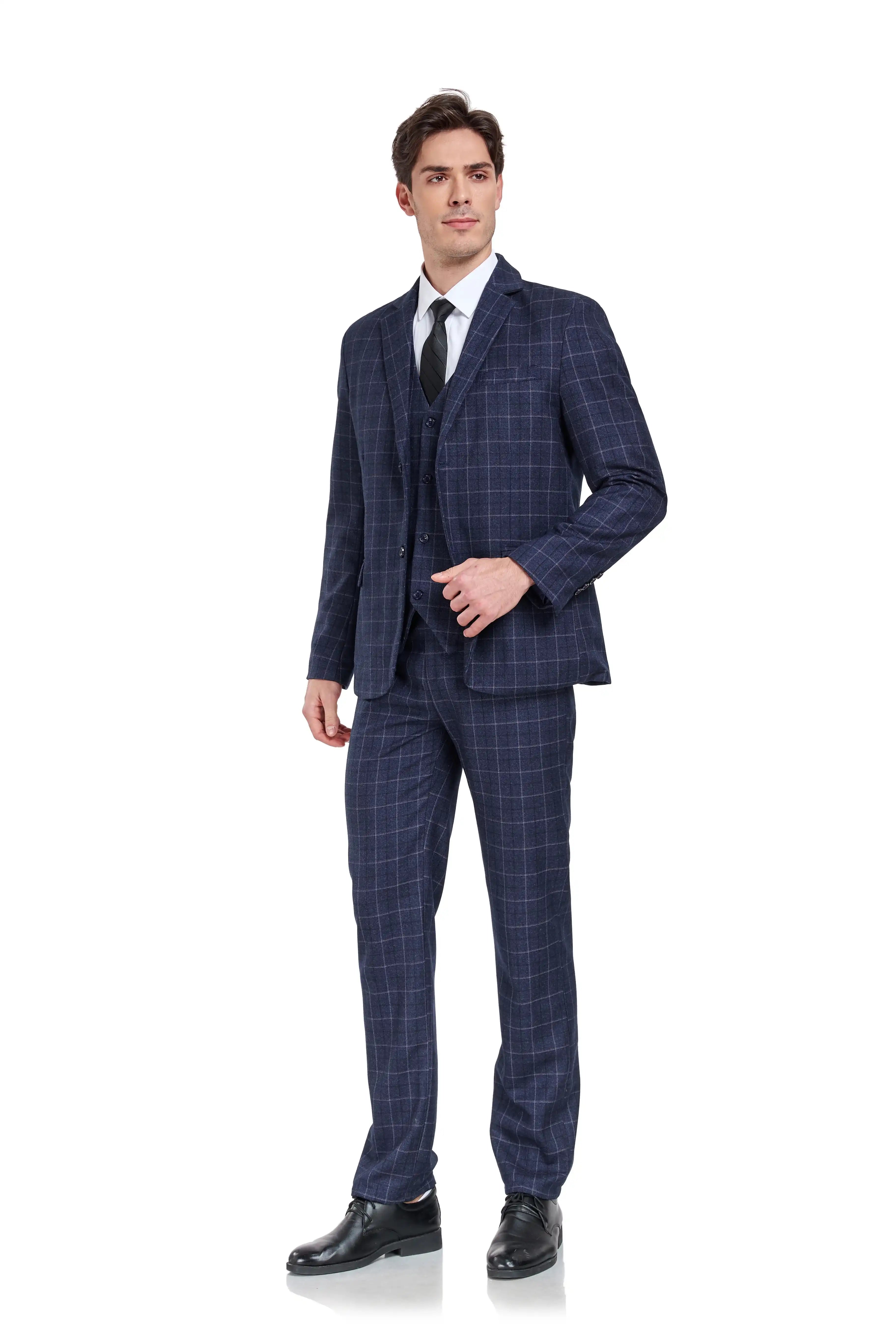 Slim fit navy blue plaid suit for men – angled view with tie and vest