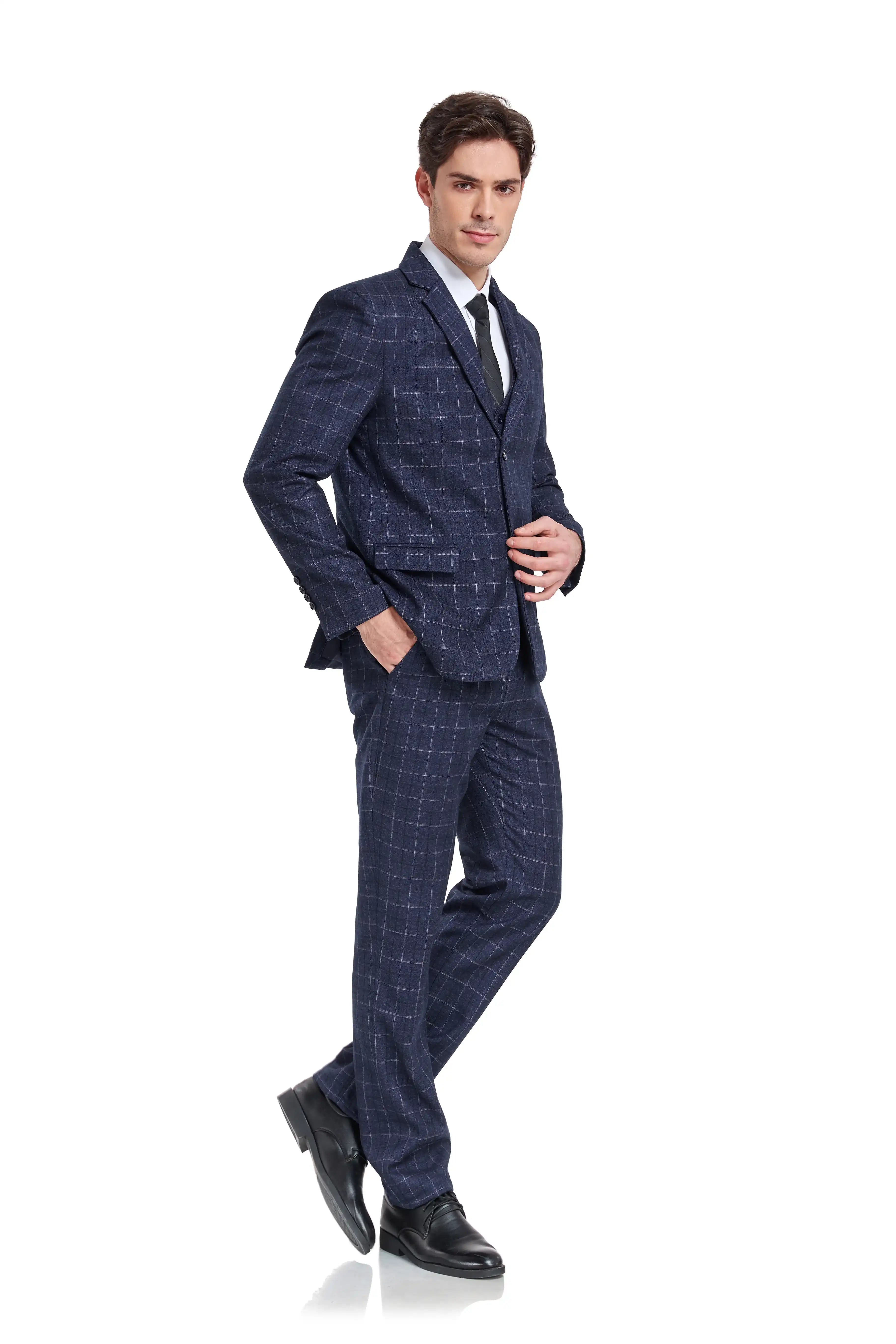 Navy glen check men's suit – side profile in classic 3 piece style