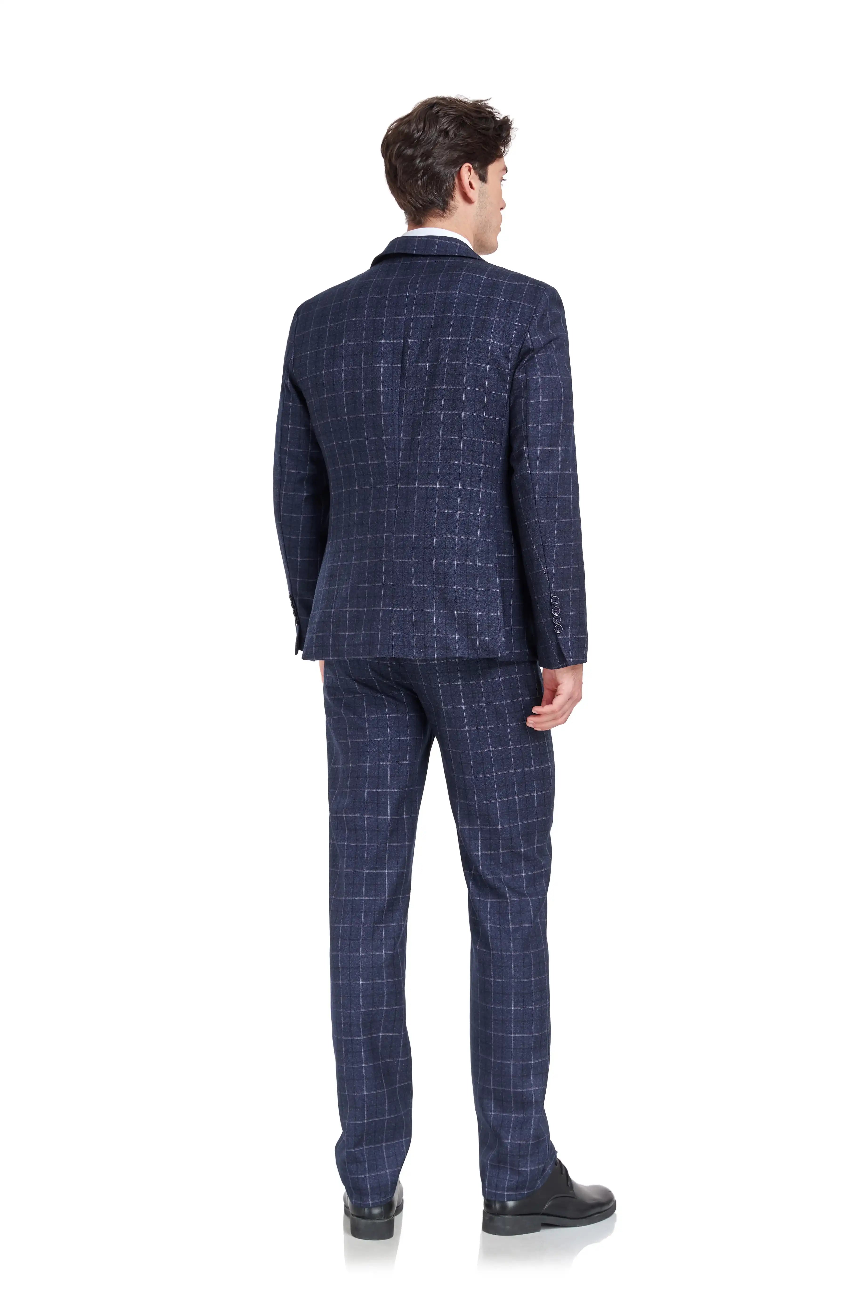 Back view of men's navy plaid slim fit suit with tailored cut