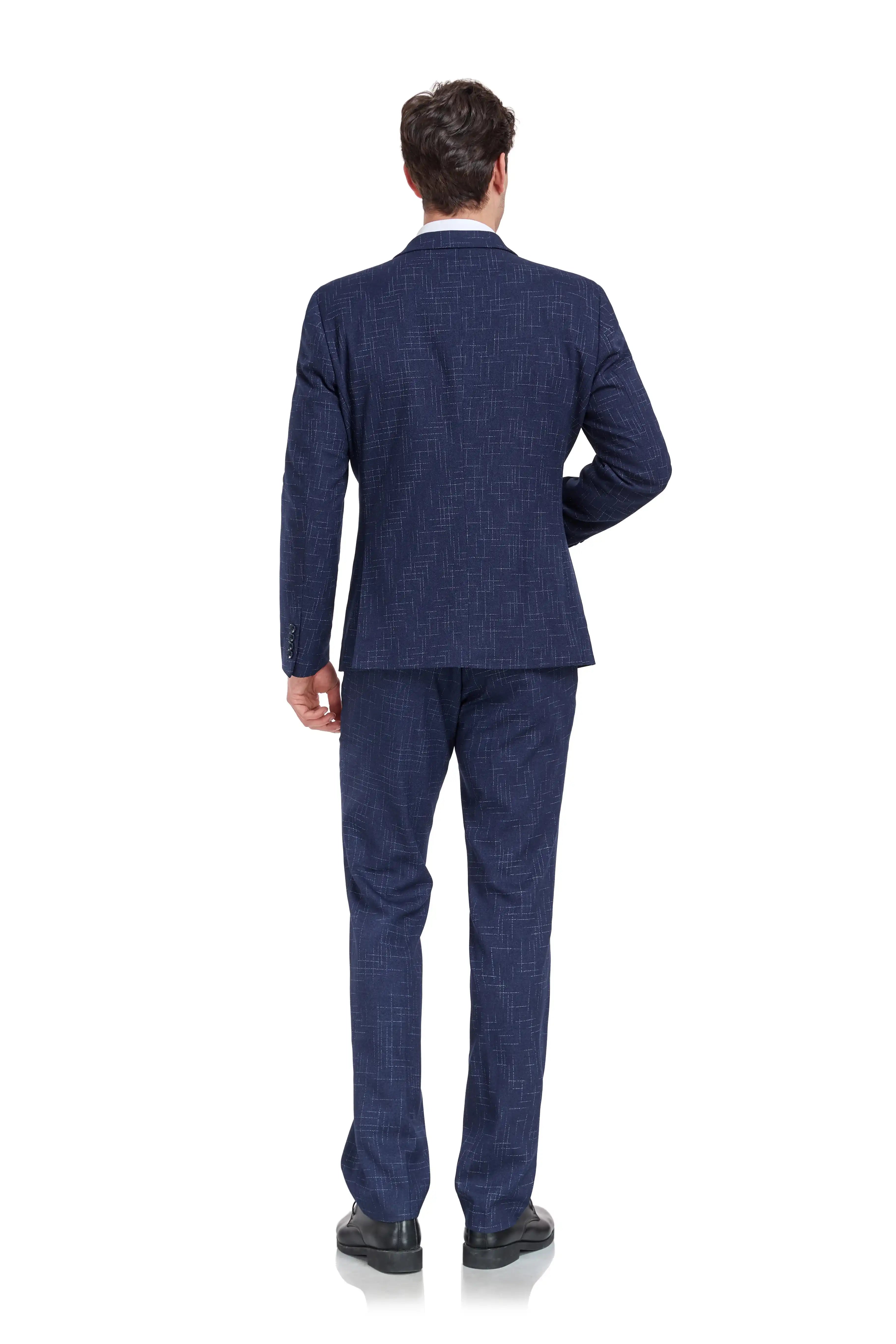 Back view of men's navy plaid 3 piece suit – grid pattern style