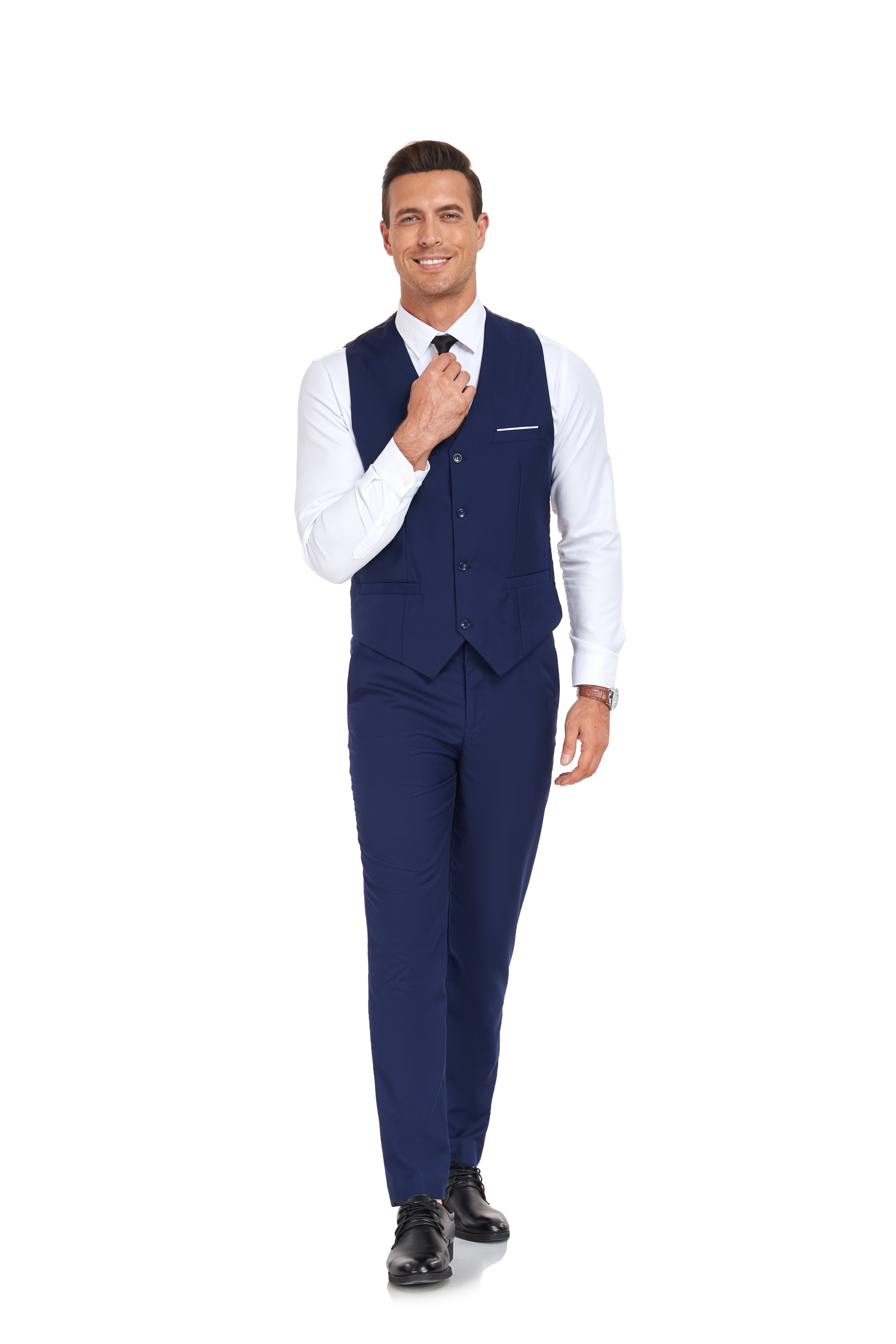 Navy two-piece men's suit with tailored vest and straight pants – minimalist V-neck business casual set