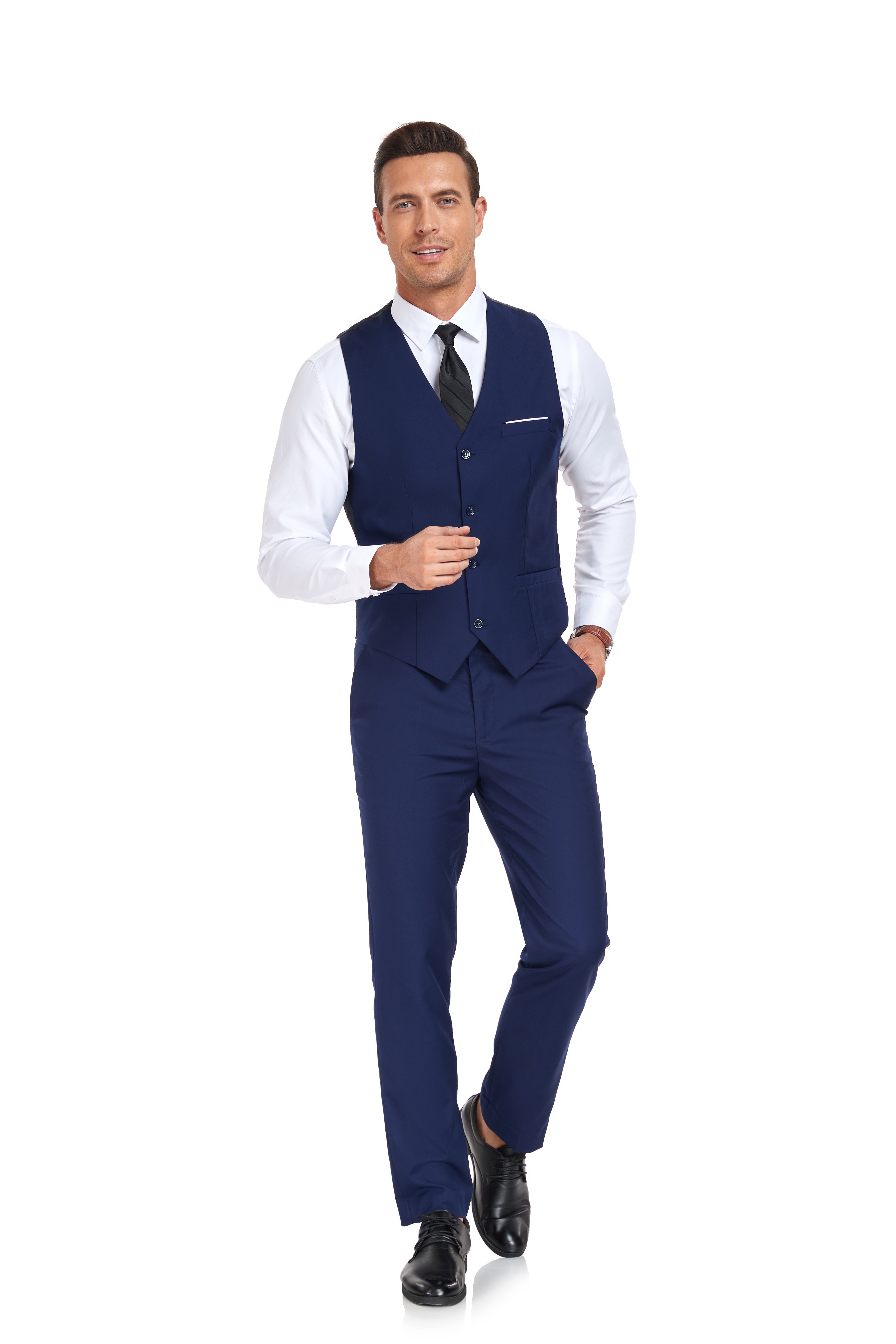 Stylish Navy 2-piece suit with flat-front trousers and sharp V-cut vest – groom or business look