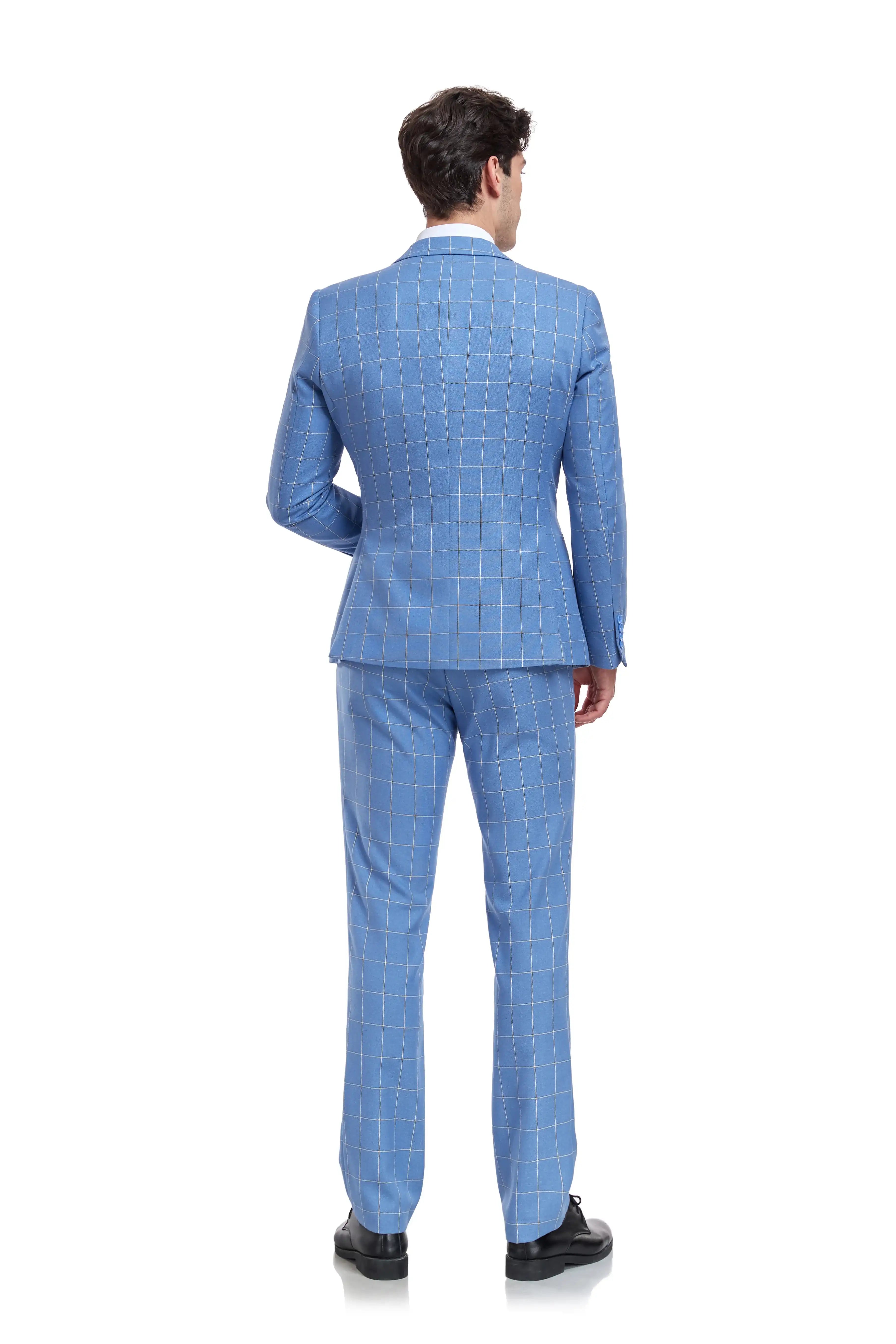 Back view of light blue check pattern men's suit with tailored cut