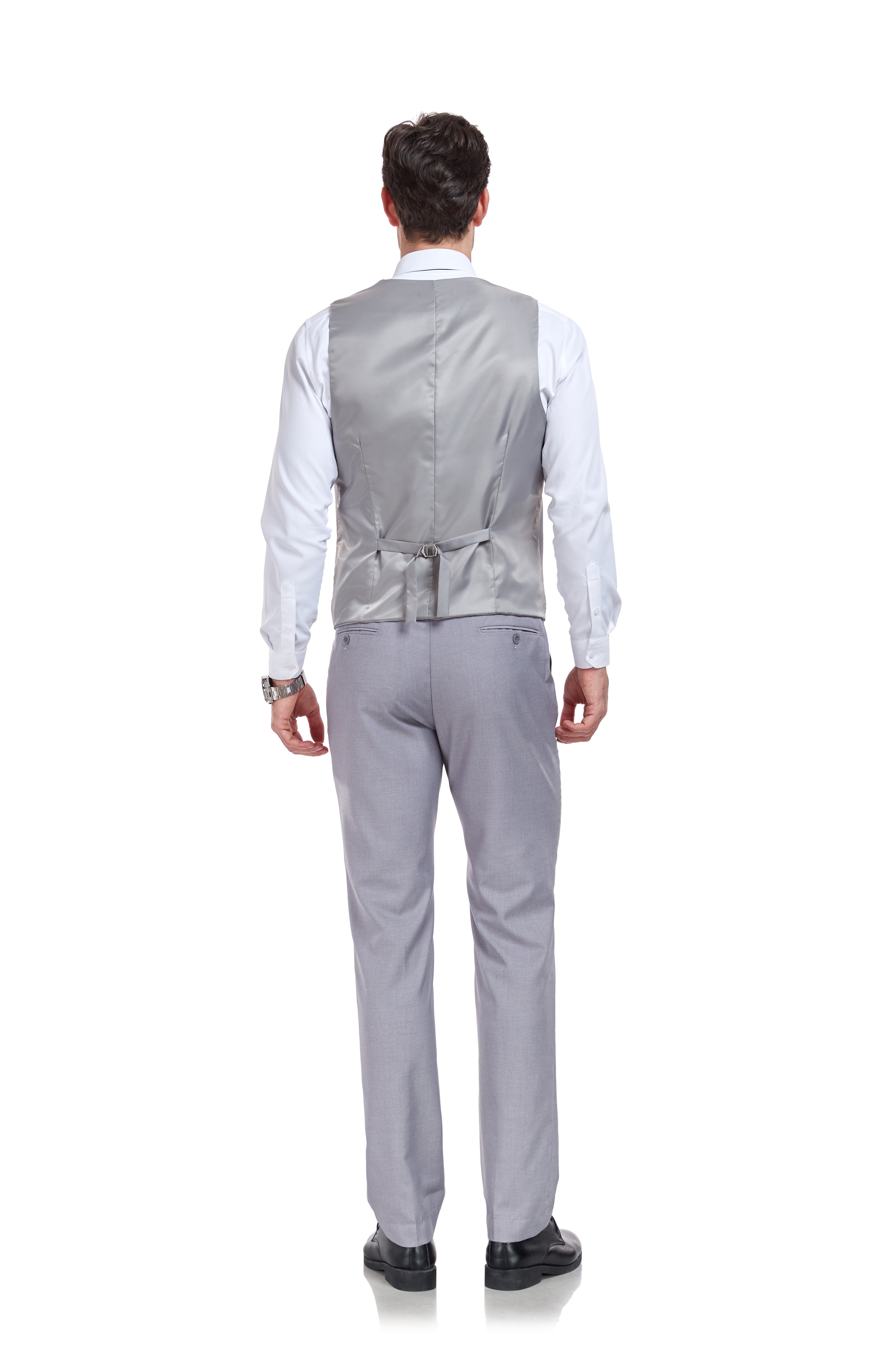 Rear view of Light Grey men’s two-piece V-neck vest and pants set – adjustable back strap detail shown