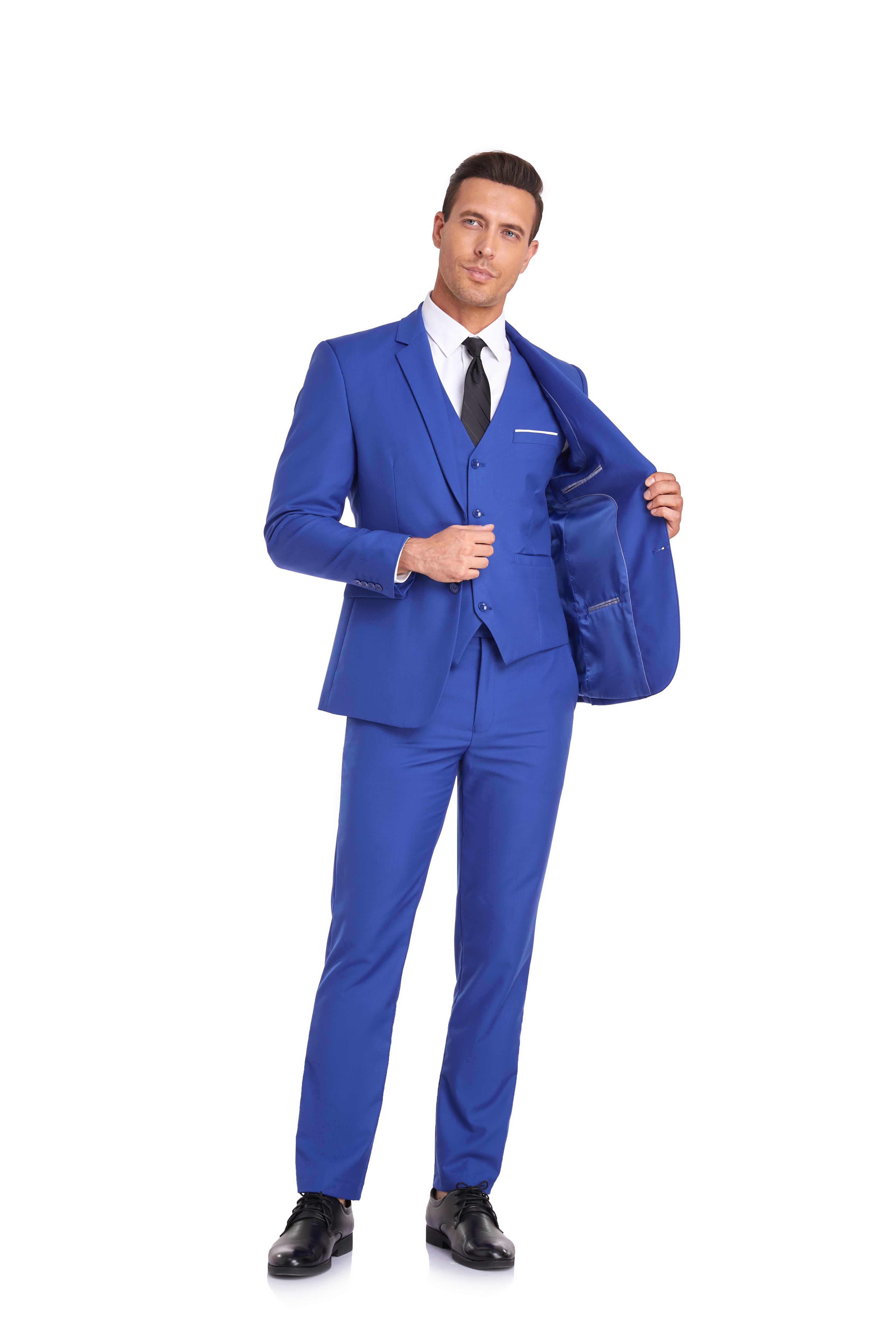 Royal blue 3 piece men’s suit with two-button blazer, vest, and tailored trousers