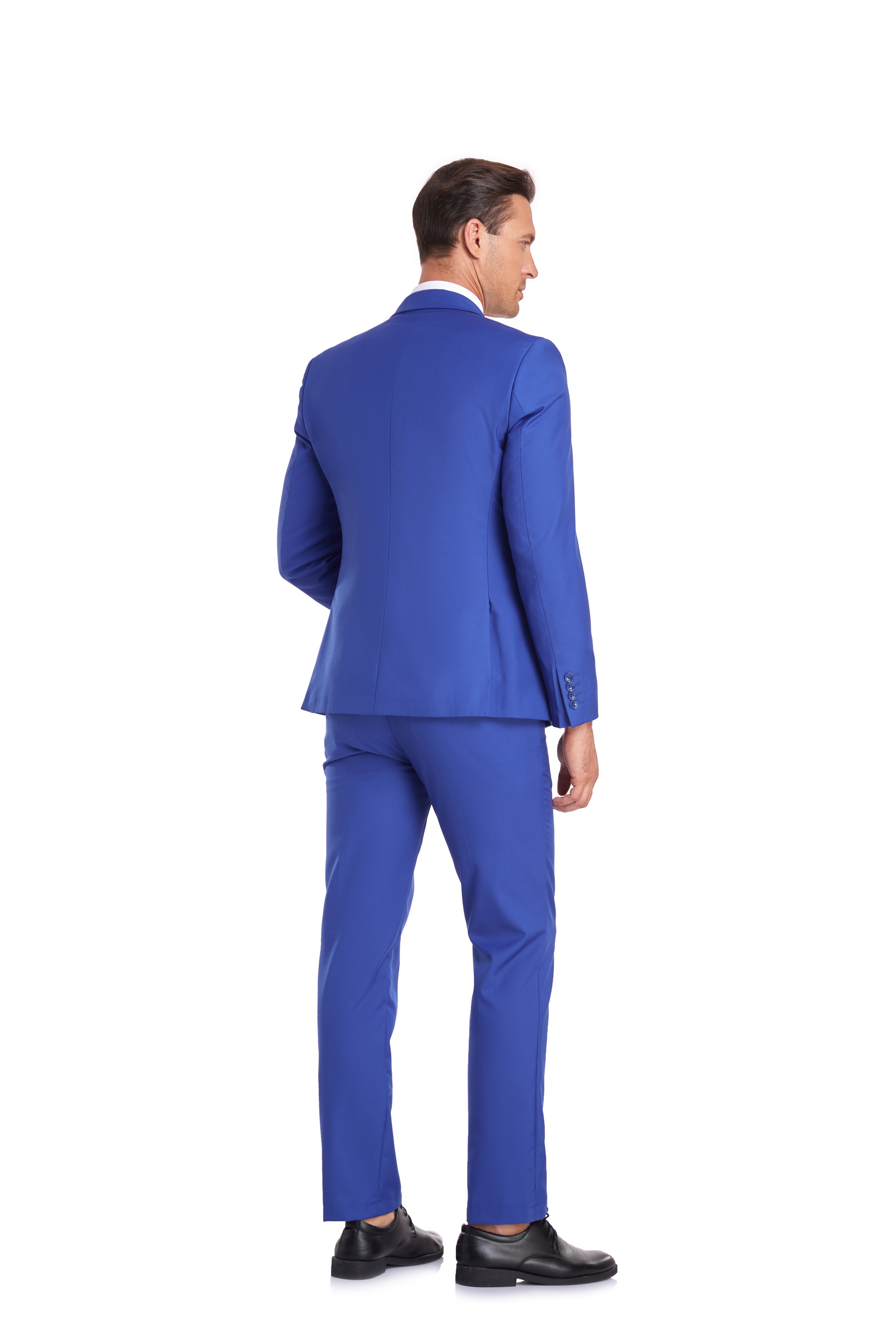 Rear view of royal blue men’s 3 piece tuxedo suit with clean modern cut