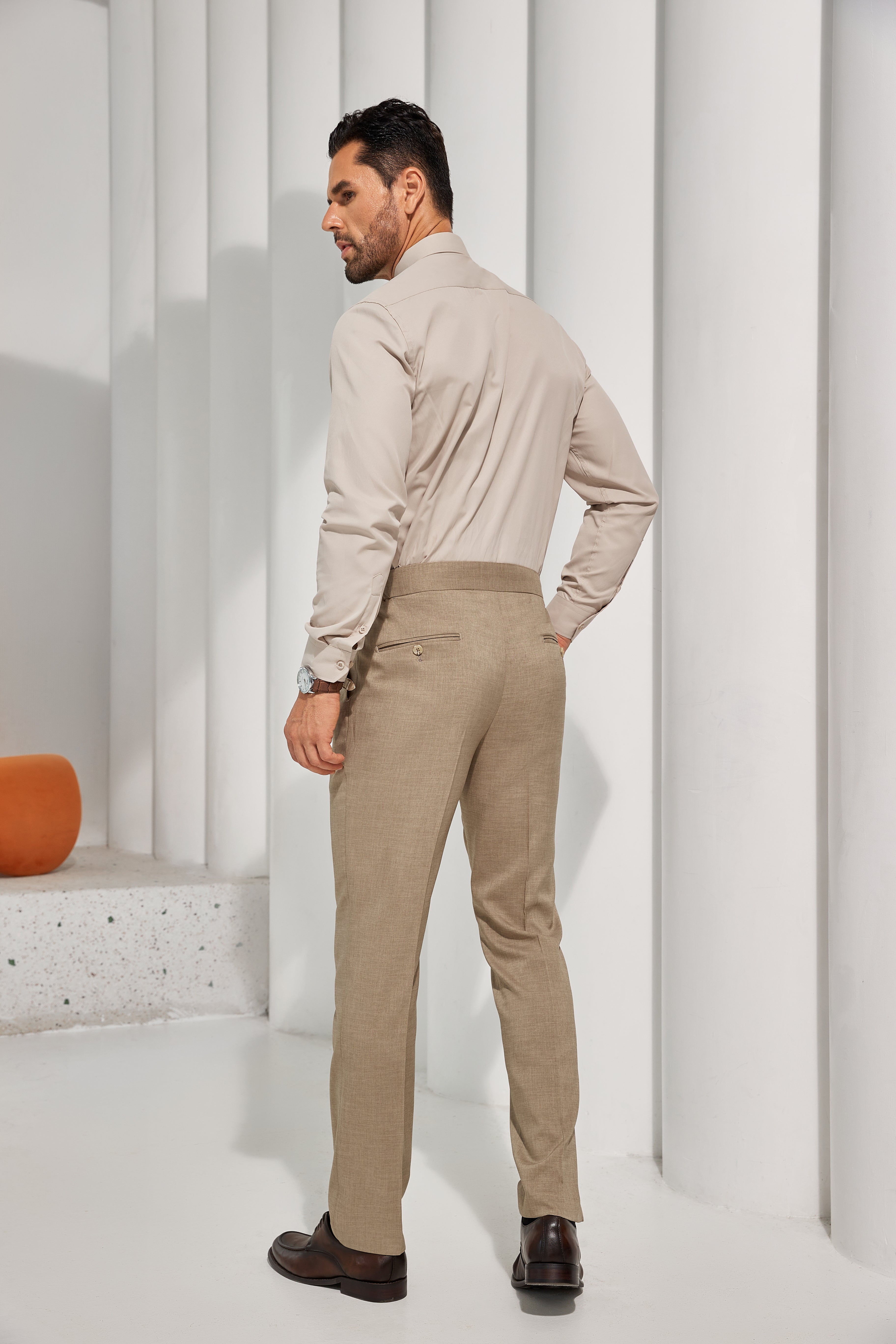 Full rear view of khaki men’s dress pants – formal look with elastic waistband for comfort