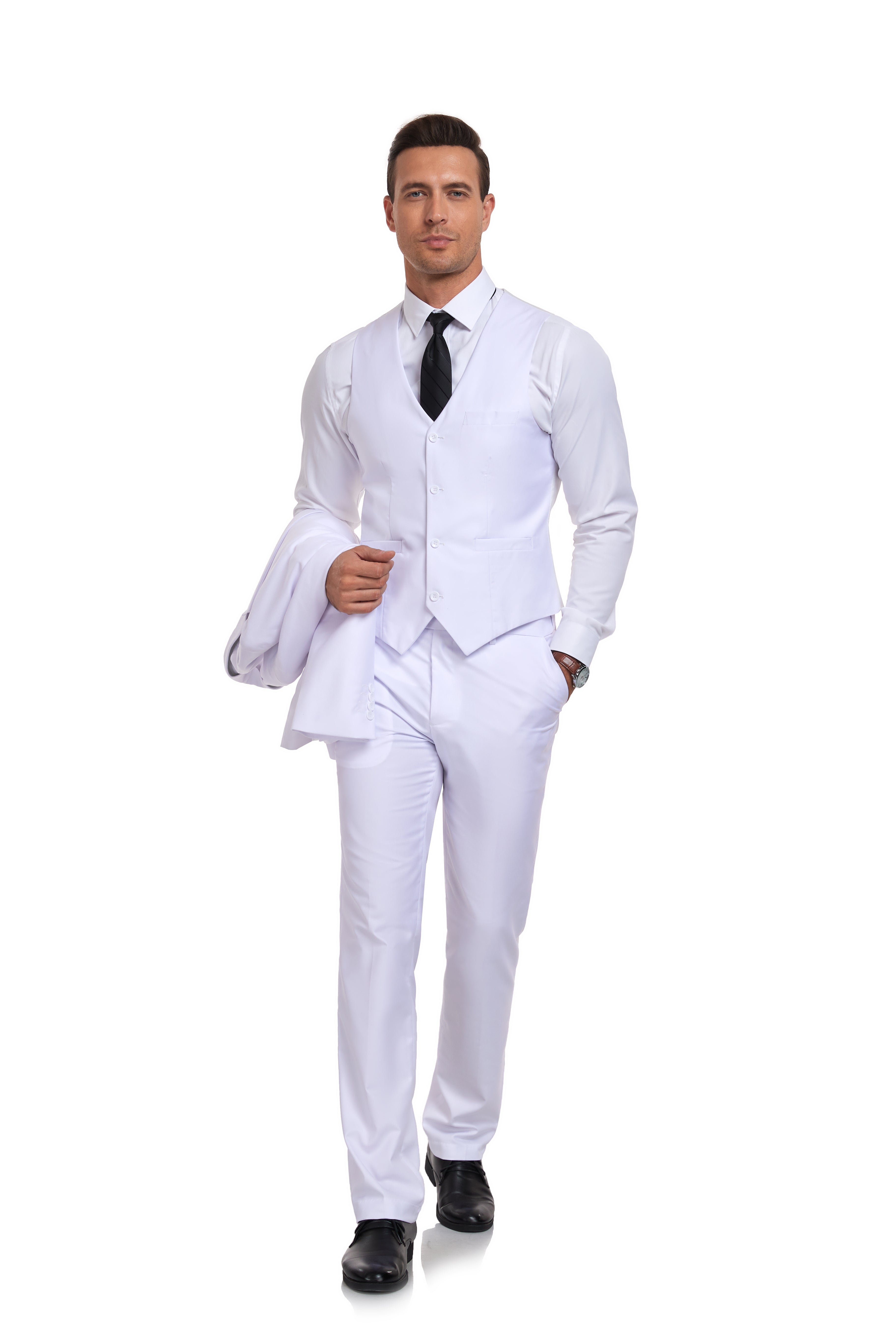 Men’s white party suit with classic two-button blazer and black tie