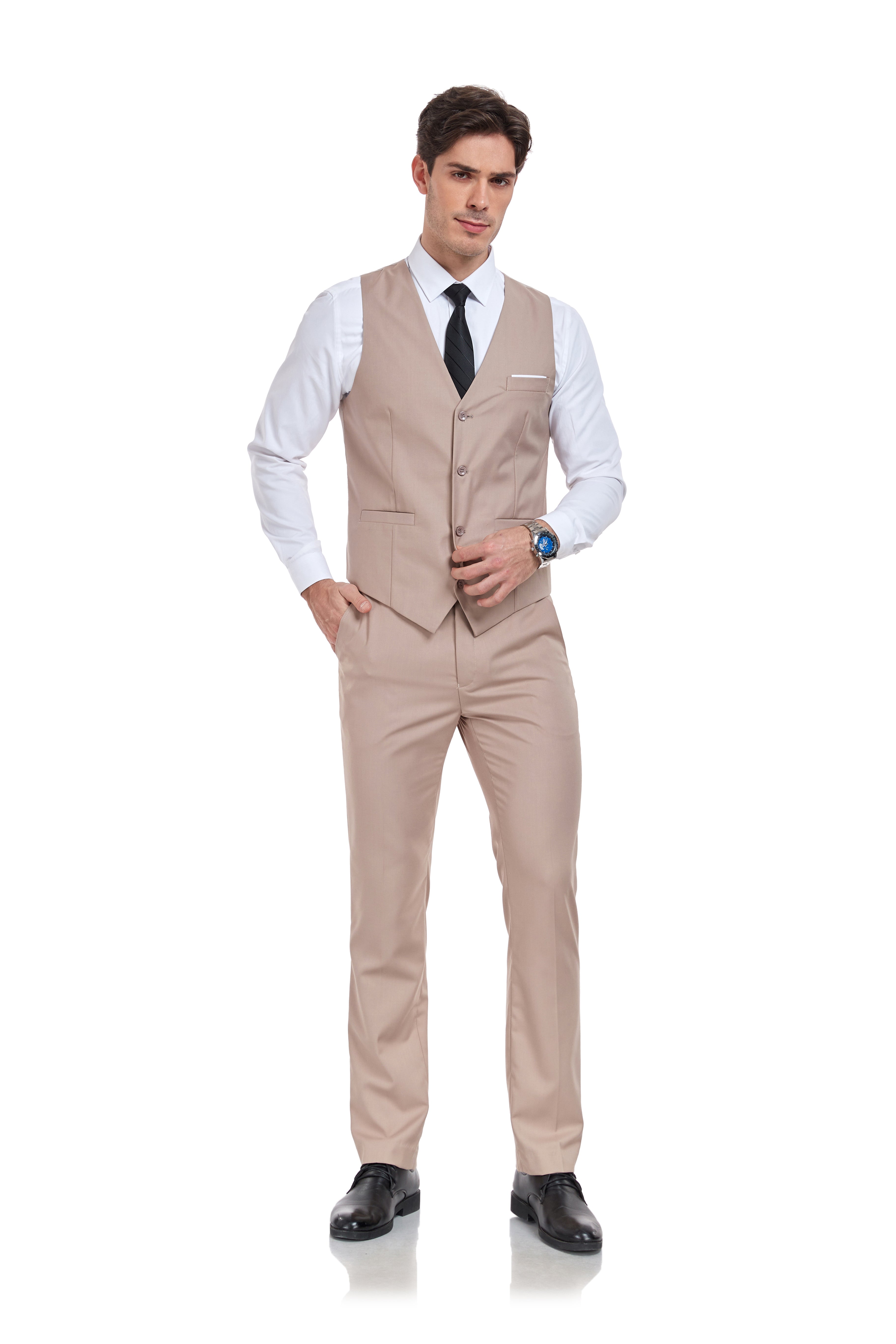 Men’s champagne vest and pants outfit – casual V-neck suit with business-ready appeal